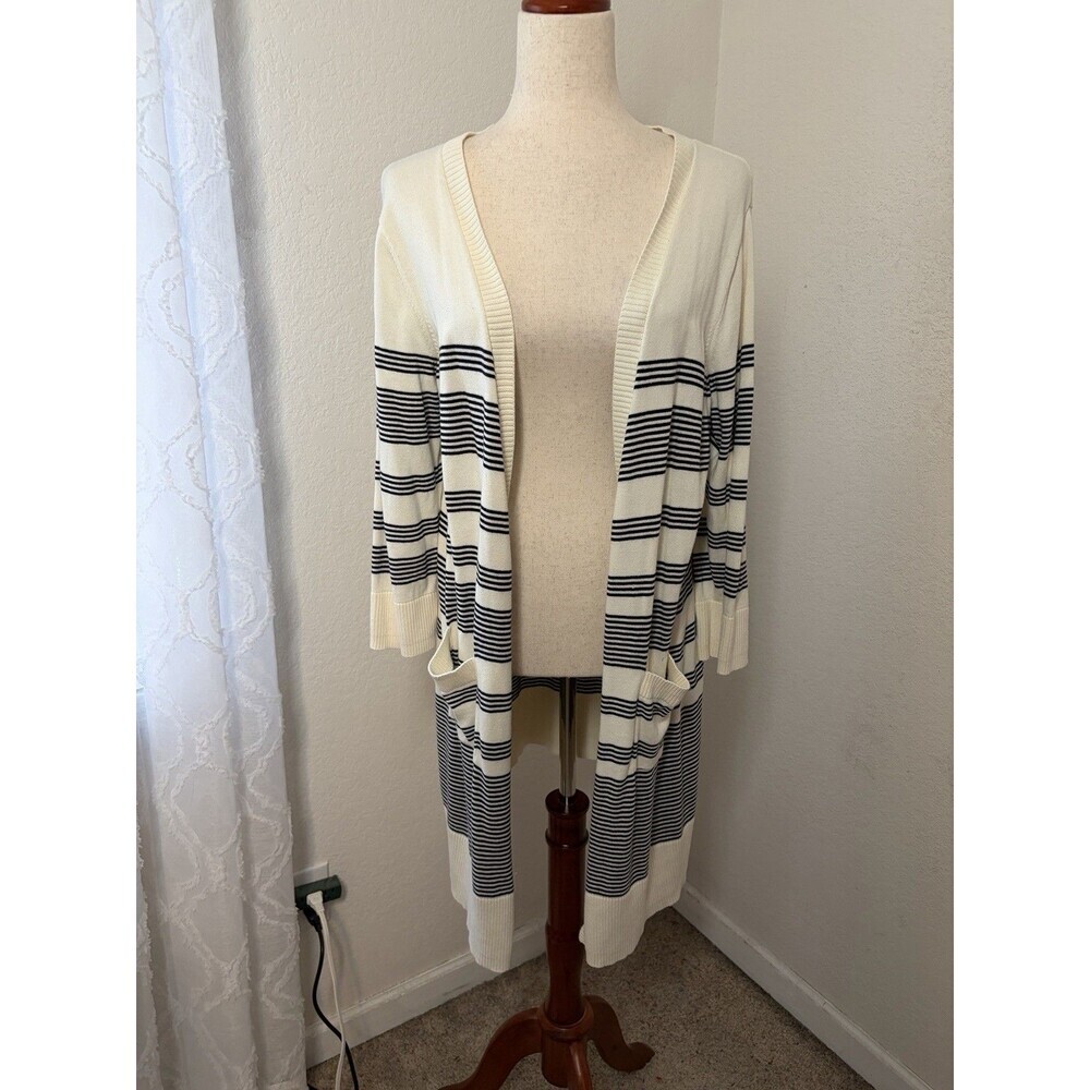 Talbots Womens L Navy Stripe Duster Cardigan Pima Cotton Lightweight Coastal